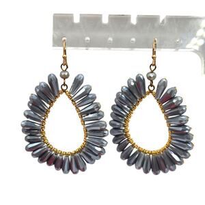 Earrings Gray Beaded Teardrop Shaped Dangle Pierced Fashion Statement SKU 3076
